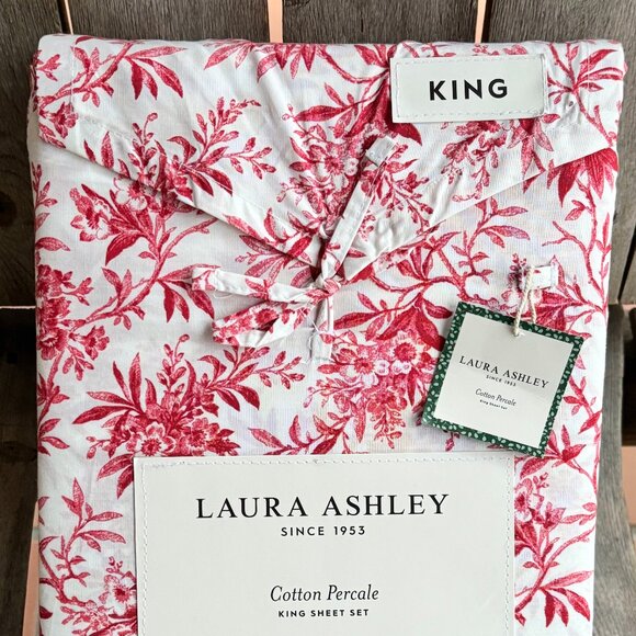 Laura Ashley King Size Holiday Cotton Sheet Set- Faye Toile Red Floral